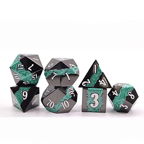 World of Dice - Lavastream-Serie - 7-teiliges Premium-Würfelset mit Glitzerndem Lavastrom-Design, ideal für DND, DSA, Pathfinder, Cthulhu, Shadowrun und viele weitere (Black & Teal) von World of Dice