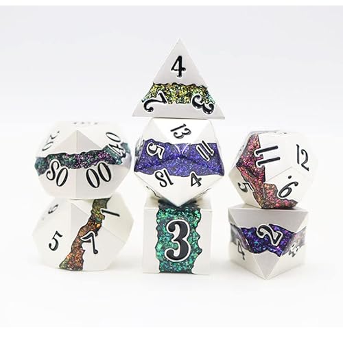 World of Dice - Lavastream-Serie - 7-teiliges Premium-Würfelset mit Glitzerndem Lavastrom-Design, ideal für DND, DSA, Pathfinder, Cthulhu, Shadowrun und viele weitere (White & Multicolored) von World of Dice