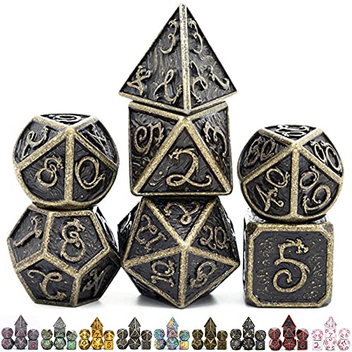 World of Dice Metallwürfel-Set Drachenwürfel - Antik Messing - Pen & Paper Würfel-Set aus Metall, 7-teiliges polyedrisches Set, für Dungeons and Dragons, DSA, Cthulhu, UVM. von World of Dice