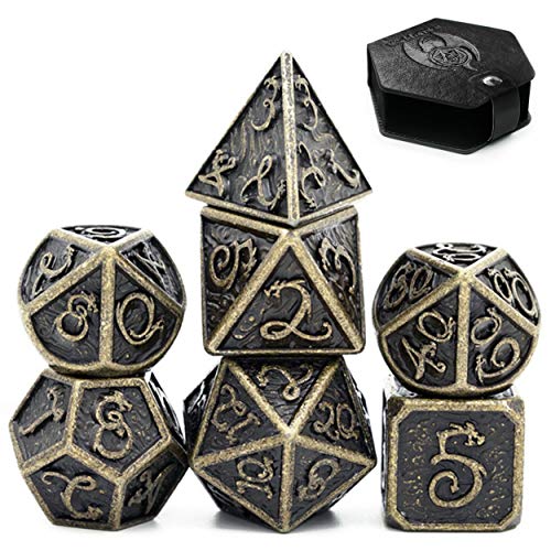 World of Dice Metallwürfel-Set Drachenwürfel - Antik Messing - Pen & Paper Würfel-Set aus Metall, 7-teiliges polyedrisches Set, für Dungeons and Dragons, DSA, Cthulhu, UVM. von World of Dice