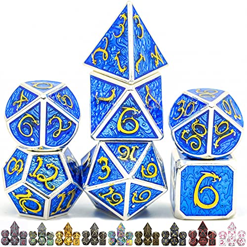 World of Dice Metallwürfel-Set Drachenwürfel - Blue Magic - Pen & Paper Würfel-Set aus Metall, 7-teiliges polyedrisches Set, für Dungeons and Dragons, DSA, Cthulhu, UVM. von World of Dice