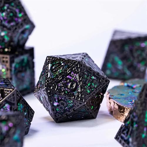 World of Dice - Metallwürfel-Set - Dragon Siege, polyedrische DND-Würfel, mit Würfelbeutel, D20 bis D6, für Dungeons and Dragons, DSA, UVM. (Emerald Magic) von World of Dice