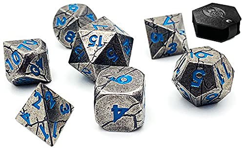 World of Dice Meteor-Serie - Pen and Paper Würfelset Metall, 7-teiliges Set, D4 bis D20, polyedrische Würfel, ideal für D&D, DSA, Cthulhu und mehr (mit Etui, Silberfarben-blau) von World of Dice