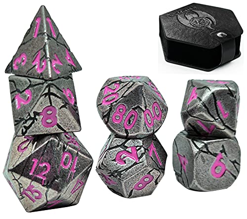 World of Dice Meteor-Serie - Pen and Paper Würfelset Metall, 7-teiliges Set, D4 bis D20, polyedrische Würfel, ideal für D&D, DSA, Cthulhu und mehr (mit Etui, Silberfarben-pink) von World of Dice