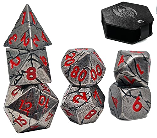 World of Dice Meteor-Serie - Pen and Paper Würfelset Metall, 7-teiliges Set, D4 bis D20, polyedrische Würfel, ideal für D&D, DSA, Cthulhu und mehr (mit Etui, Silberfarben-rot) von World of Dice