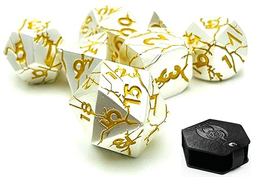 World of Dice Meteor-Serie - Pen and Paper Würfelset Metall, 7-teiliges Set, D4 bis D20, polyedrische Würfel, ideal für D&D, DSA, Cthulhu und mehr (mit Etui, Weiß-Goldfarben) von World of Dice
