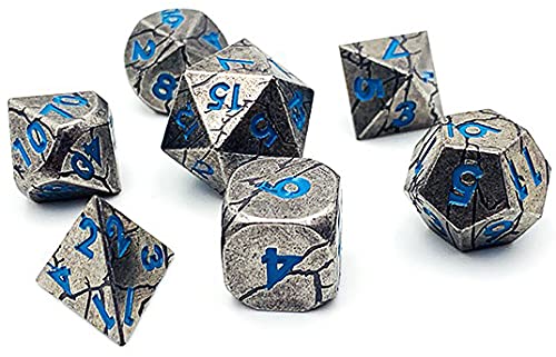 World of Dice Meteor-Serie - Pen and Paper Würfelset Metall, 7-teiliges Set, D4 bis D20, polyedrische Würfel, ideal für D&D, DSA, Cthulhu und mehr (ohne Etui, Silberfarben-blau) von World of Dice