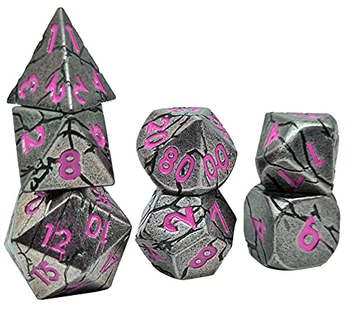 World of Dice Meteor-Serie - Pen and Paper Würfelset Metall, 7-teiliges Set, D4 bis D20, polyedrische Würfel, ideal für D&D, DSA, Cthulhu und mehr (ohne Etui, Silberfarben-pink) von World of Dice
