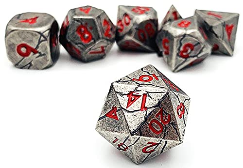 World of Dice Meteor-Serie - Pen and Paper Würfelset Metall, 7-teiliges Set, D4 bis D20, polyedrische Würfel, ideal für D&D, DSA, Cthulhu und mehr (ohne Etui, Silberfarben-rot) von World of Dice