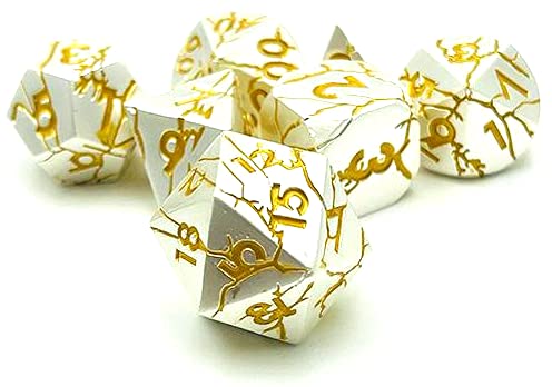 World of Dice Meteor-Serie - Pen and Paper Würfelset Metall, 7-teiliges Set, D4 bis D20, polyedrische Würfel, ideal für D&D, DSA, Cthulhu und mehr (ohne Etui, Weiß-Goldfarben) von World of Dice