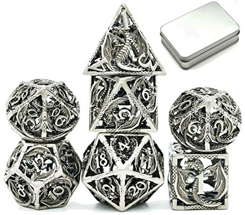 World of Dice Nidhöggr - Edel Würfel für alle Pen & Paper RPG, Metallwürfel mit Drachen, 7-teiliges Würfelset, inkl. Etui (mit Aluminium-Etui, Silver) von World of Dice