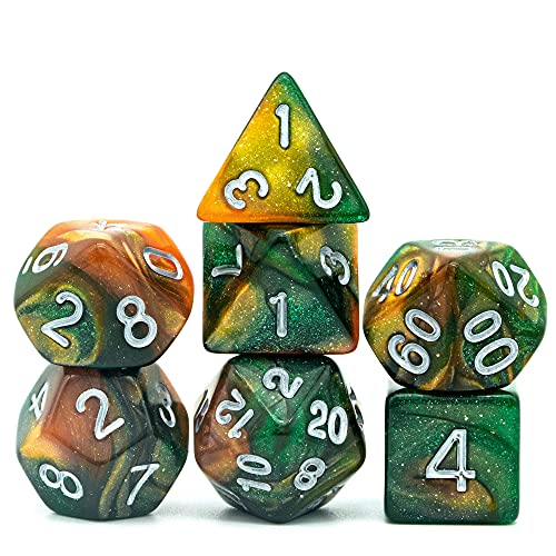World of Dice Orion-Serie - Pen and Paper Würfel, 7-teiliges Würfelset, W20, W12, W10, W10.0, W8, W6, W4, Rollenspiel-Würfel, für Dungeons and Dragons und weitere RPG (grün-Gold) von World of Dice
