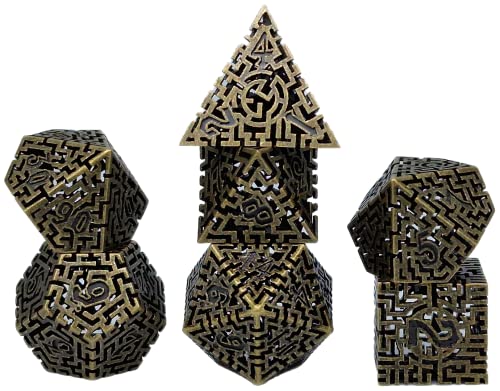 World of Dice - Premium-Würfelset - edle Pen and Paper Würfel, Metallwürfel mit Labyrinth, 7-teilige Set für Dungeons and Dragons (D&D), DSA, und vieles mehr (Brass Antique) von World of Dice