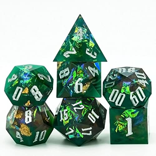 World of Dice - Spacebreaker Emerald - handgefertigtes Pen and Paper Würfel Set, 7-teilig, mit Spitzen Kanten und Ecken, für Dungeons and Dragons (DND), Das Schwarze Auge (DSA), Cthulhu, UVM. von World of Dice