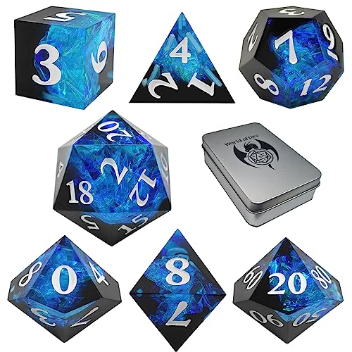 World of Dice - Spacebreaker Serie - handgefertigtes Pen and Paper Würfel Set, 7-teilig, mit Spitzen Kanten und Ecken, für Dungeons and Dragons, Shadowrun, Cthulhu, UVM. (Blue & Black) von World of Dice