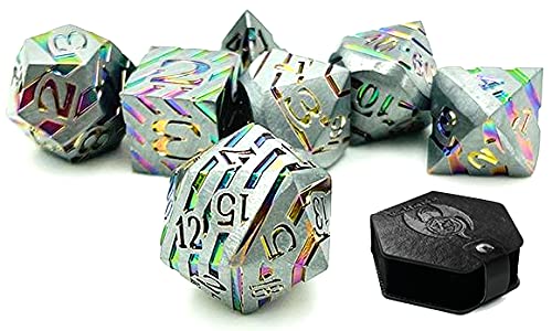 World of Dice Starfall-Serie - Pen and Paper Würfelset Metall, 7-teiliges Set, D4 bis D20, polyedrische Würfel, ideal für D&D, DSA, Cthulhu und mehr (mit Etui, Silber Rainbow) von World of Dice