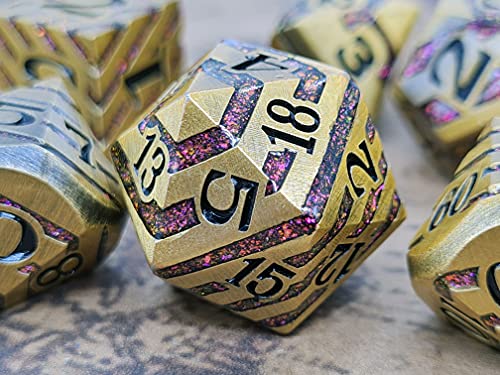 World of Dice Starfall-Serie - Pen and Paper Würfelset Metall, 7-teiliges Set, D4 bis D20, polyedrische Würfel, ideal für D&D, DSA, Cthulhu und mehr (ohne Etui, Gold) von World of Dice