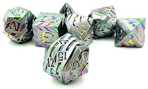 World of Dice Starfall-Serie - Pen and Paper Würfelset Metall, 7-teiliges Set, D4 bis D20, polyedrische Würfel, ideal für D&D, DSA, Cthulhu und mehr (ohne Etui, Silber Rainbow) von World of Dice