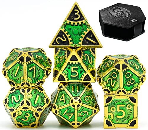 World of Dice Steampunk Polished - 7-teiliges Pen and Paper Würfelset aus Metall, mit Zahnrädern, Metall Würfel (mit Etui, Green&Black) von World of Dice