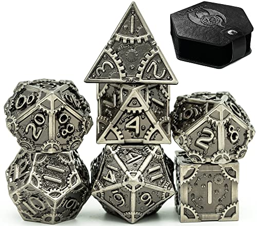 World of Dice Steampunk Polished - 7-teiliges Pen and Paper Würfelset aus Metall, mit Zahnrädern, Metall Würfel (mit Etui, Silver) von World of Dice
