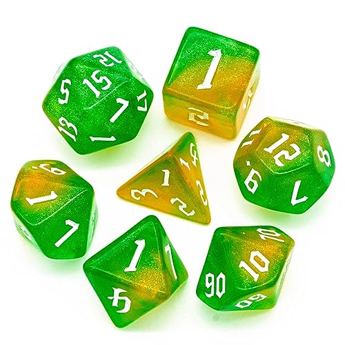 World of Dice Würfel Gotik-Glitter Set - 7tlg. Pen and Paper Würfel Starterset, für DND, Das Schwarze Auge, und weitere Rollenspiele (Green/Yellow) von World of Dice