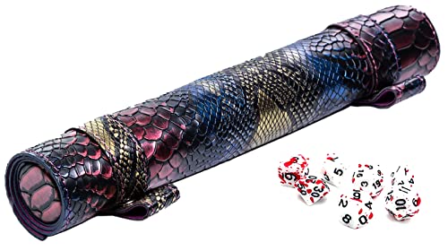World of Dice Würfelmatte für Pen and Paper - aus Kunstleder, zum Rollen, mit Aufbewahrung für polyedrische Würfel, ideal für DND, DSA, UVM. (Dragon-Edition, mit Würfel Blutspritzer) von World of Dice