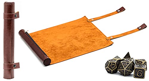 World of Dice Würfelmatte für Pen and Paper - aus Kunstleder, zum Rollen, mit Aufbewahrung für polyedrische Würfel, ideal für DND, DSA, UVM. (rotbraun rustikal, mit Würfel) von World of Dice