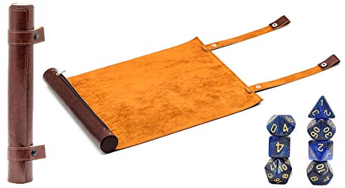 World of Dice Würfelmatte für Pen and Paper - aus Kunstleder, zum Rollen, mit Aufbewahrung für polyedrische Würfel, ideal für DND, DSA, UVM. (rotbraun rustikal, mit Würfel) von World of Dice