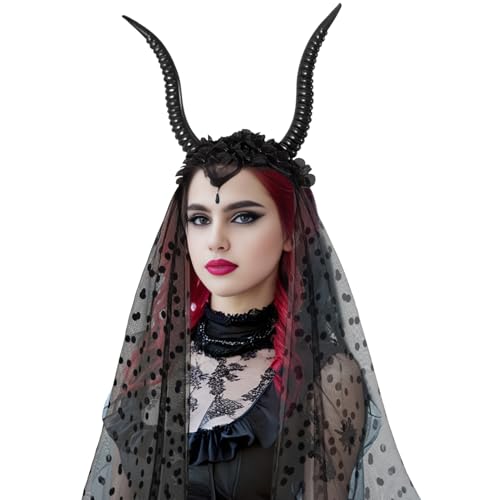 Worparsen Halloween Schleier Stirnband, Dunkel Teufel Schaf Hörner Hexe Kostüm Zubehör mit Mesh, Für Halloween Weihnachtsfeier Worparsen Halloween Schleier Stirnband, Dunkel Teufel Schaf Hörner Hexe Kostüm Zubehör mit Mesh, Für Halloween Weihnachtsfeier von Worparsen