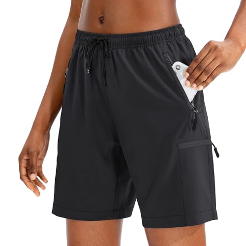 Worparsen Shorts für Frauen mit Reißverschluss in Taschen, Elastische Taille Kurze Hosen, Schelle Trockene, Locke Leichteaufende Fitnessstudio-Aktivkleidung Schwarz XL von Worparsen