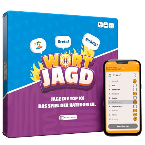 Wortjagd - Jage die Top 10, Kategorien Duell - Allgemeinwissen Quiz für Freunde & Familie, Brettspiel mit App für 2-12 Spieler, Partyspiel mit Tempo Wortjagd - Jage die Top 10, Kategorien Duell - Allgemeinwissen Quiz für Freunde & Familie, Brettspiel mit App für 2-12 Spieler, Partyspiel mit Tempo von Wortjagd