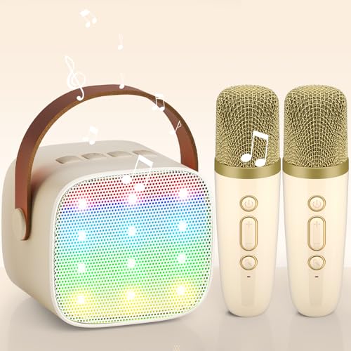 Karaoke Maschine mit 2 Drahtlosen Mikrofonen, Wowstar Tragbares Bluetooth Karaoke Maschine für Kinder Erwachsene mit Stimme wechselnde Effekte & LED-Lichter Jungen Mädchen Geschenke Heimparty(Beige) von Wowstar