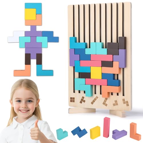 Tetris Holzspiel, Montessori-Spiele 3 4 5 6 Jahre, Puzzle Holz, 3D Montessori Spielzeug Wooden Puzzle, Holzpuzzle Stapelsteine mit 10 Karten, bunt, Geometrische Blöcke, Geschenk für Kinder von Woxovo