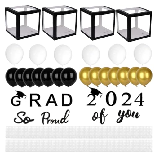 Wpsagek 2024 Dekorationen Für Die Abschlussfeier, Schwarze Gold Ballonboxen Abschlussparty Ballonboxen Mit Buchstaben, 2024 Grad & So Proud Of You von Wpsagek
