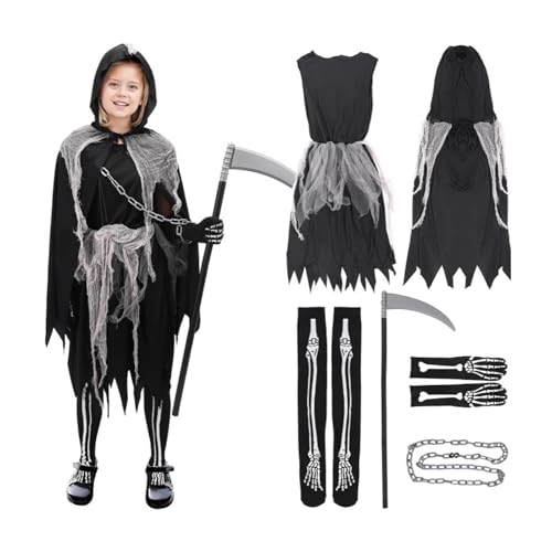 Wpsagek Mädchen Sense Reaper Kostüm, 6pcs gruselige Halloween Sensenkostüm Kostüm für Kinder, mit Skythe und Umhang, Dress-up-Party von Wpsagek