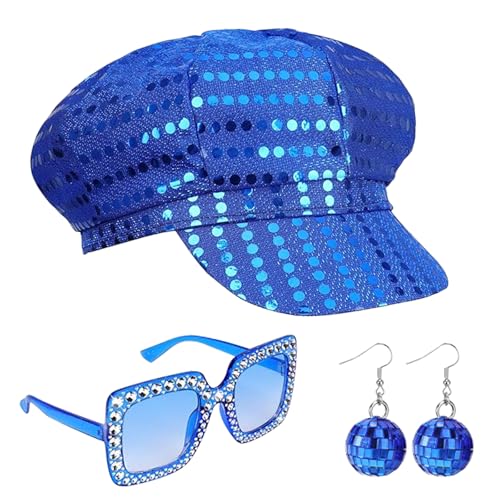 3-teiliges 70er-Jahre-Paillettenhut, Abba-Zubehör, Damen-Disco-Zubehör mit Pailletten, Hut, Sonnenbrille, Ohrringen, Disco-Kostüm-Set, ausgefallenes für Frauen, Themenparty, Geburtstag, Tanz, Blau von Wqafe