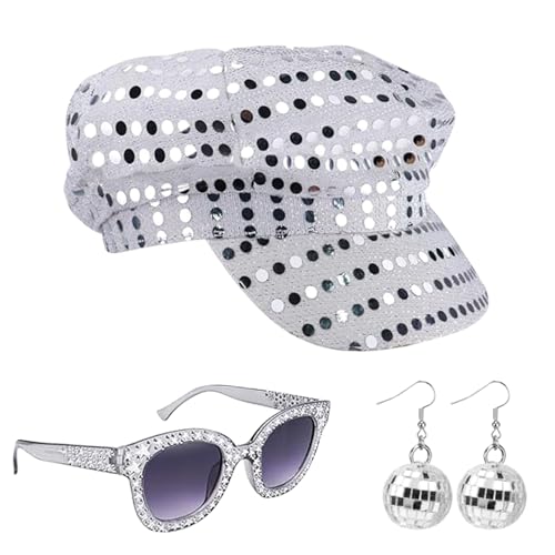 3-teiliges 70er-Jahre-Paillettenhut, Abba-Zubehör, für Damen, Disco-Zubehör mit Pailletten, Hut, Sonnenbrille, Ohrringe, Disco-Kostüm-Set, ausgefallenes für Frauen, Themenparty, Geburtstag, Tanzen von Wqafe