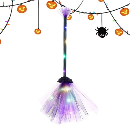 Hexenbesen – LED-Leuchtbesen für Halloween-Dekoration | Netz und ABS mit elektronischen Komponenten, gruselige Cosplay-Requisite, für die Haustür im Garten, Party-Zubehör für Kinder und Erwachs von Wrohto