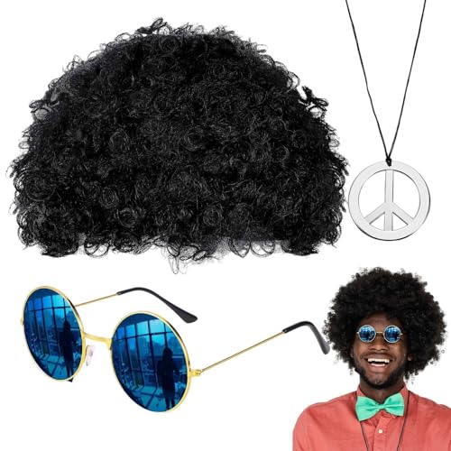 Wrohto Hippie-Perücken-Set für Herren, Hippie-Perücke, Sonnenbrille, Halsketten-Set, 50/60/70er-Jahre-Motto-Party-Zubehör, Dekorationen für Männer und Jugendliche Wrohto Hippie-Perücken-Set für Herren, Hippie-Perücke, Sonnenbrille, Halsketten-Set, 50/60/70er-Jahre-Motto-Party-Zubehör, Dekorationen für Männer und Jugendliche von Wrohto