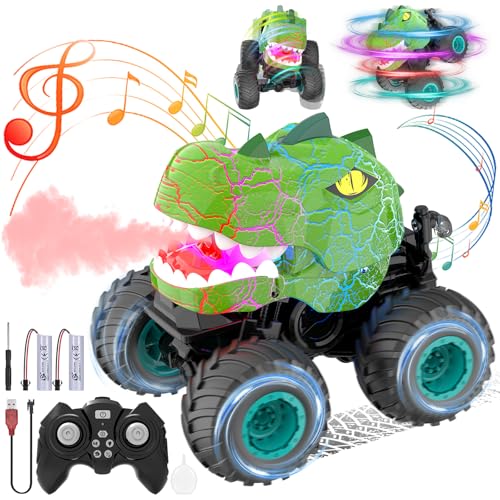 Wrymish Dinosaurier Ferngesteuertes Auto, Monster Truck Dinosaurier Spielzeug ab 3 4 5 6 7 8 Jahre Junge Mädchen, RC Monstertruck mit Licht, Ton, Sprühen, Kinder Weihnachts Geburtstags Geschenke(Grün) von Wrymish