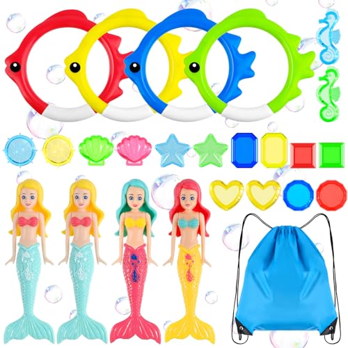 WUGU Tauchspielzeug Tauchringe für Kinder, 24 Stück Unterwasser Tauchspielzeug, Pool Spielzeug Wasserspielzeug Meerjungfrau mit Tragetasche, Schwimmspielzeug für 4-12 Jahren WUGU Tauchspielzeug Tauchringe für Kinder, 24 Stück Unterwasser Tauchspielzeug, Pool Spielzeug Wasserspielzeug Meerjungfrau mit Tragetasche, Schwimmspielzeug für 4-12 Jahren von WUGU