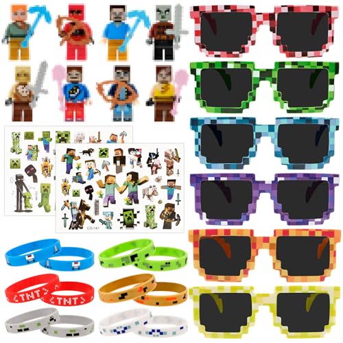 WuGU 28 Stück Spiel Party Mitgebsel, Pixel Kindergeburtstag Mitgebsel Set Enthalten 6 Mini Figuren,12 Spiel Silikon Armband, 6 Pixel Brille,2 Blätter Temporäre Tattoo Aufkleber Set von WuGU