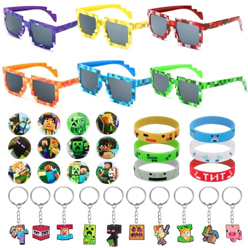 WuGU 34 Stück Gamer Mitgebsel Kindergeburtstag,6 Spiel Silikon Armband,12 Abzeichen Kinder Geschenke,10 Spiel Schlüsselanhänger,6 Pixel Brille, Miner Kindergeburtstag Mitgebsel für Kinder Geschenke von WuGU