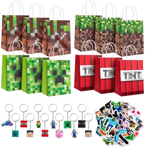 WuGU 74 pcs Spiel Kindergeburtstag Party Mitgebsel, Geschenktüten Kindergeburtstag Set, 12 Mitgebsel Tüten +12 Schlüsselanhänger +50 Aufkleber für Geschenk, Giveaways, Hochzeiten, Party, Ostertüten von WuGU