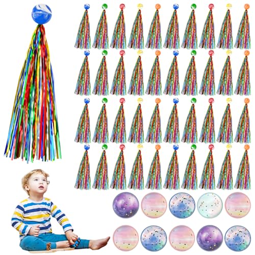 WuGU Hüpfbälle für Kinder, Gummiball Spielzeug, 40 Stück Flummi mit Farbige Bänder+10 Stück Planeten Flummis, Springball Flummies für Mitgebsel Kindergeburtstag/Party/Mitbringsel Gastgeschenke von WuGU