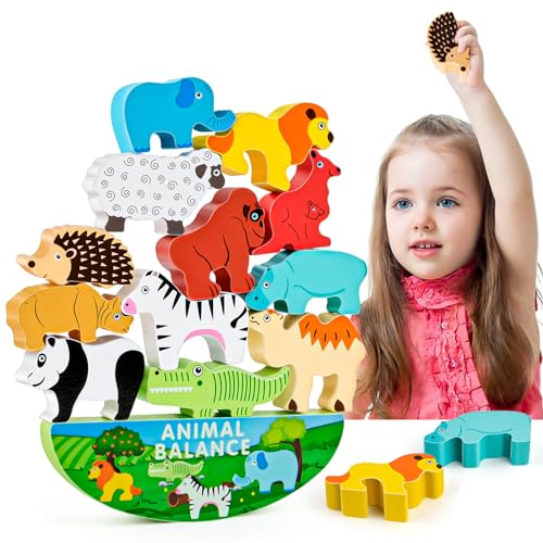 WuGU Montessori Spielzeug ab 3 4 5 6 Jahre, Stapelspiel Holzspielzeug für Kinder, Balance Stapeln Spielzeug, Motorikspielzeug Lernspielzeug Geschenk für Kinder ab 3 Jahre(Tier) von WuGU