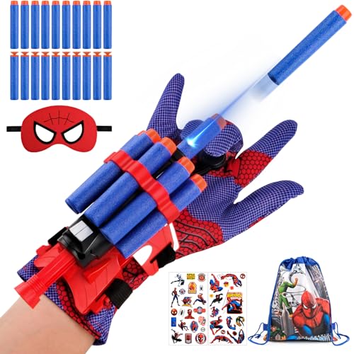 Spider Launcher Handschuh, Held Launcher, Cosplay Spiderman Handschuhe, Spielzeug Launcher 25 Darts, Spielzeughandschuh Spider, Handgelenk Spielzeug Set mit Augenmasken Aufkleber Rucksäcke Zielscheibe von WuGU