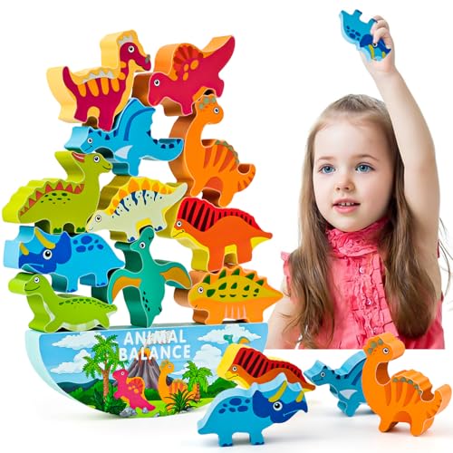 WuGU Montessori Spielzeug ab 3 4 5 6 Jahre, Holz Dinosaurier Stapelspielzeug für Kinder, Balance Stapeln Spielzeug, Motorikspielzeug Lernspielzeug Geschenk für Kinder ab 3 Jahre(Dinosaurier) von WuGU