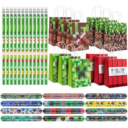 WuGU Videospiel Party Mitgebsel, 36 Stück Gamer Kindergeburtstag Mitgebsel, 12 Bleistifte, 12 Geschenktüten, 12 Schnapparmband, Gamer Theme Party Zubehör für Kinder Geburtstag Geschenke von WuGU