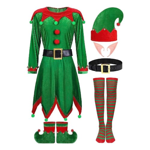 WuLi77 6-teiliges Weihnachts Elf Kostüm Weihnachtskleid Mütze Elfenohren Gestreift Oberschenkelstrümpfe Schuhe Überzüge Weihnachtskostüm Geschenke Weihnachts Elf Kostüm Für Erwachsene Und Damen von WuLi77